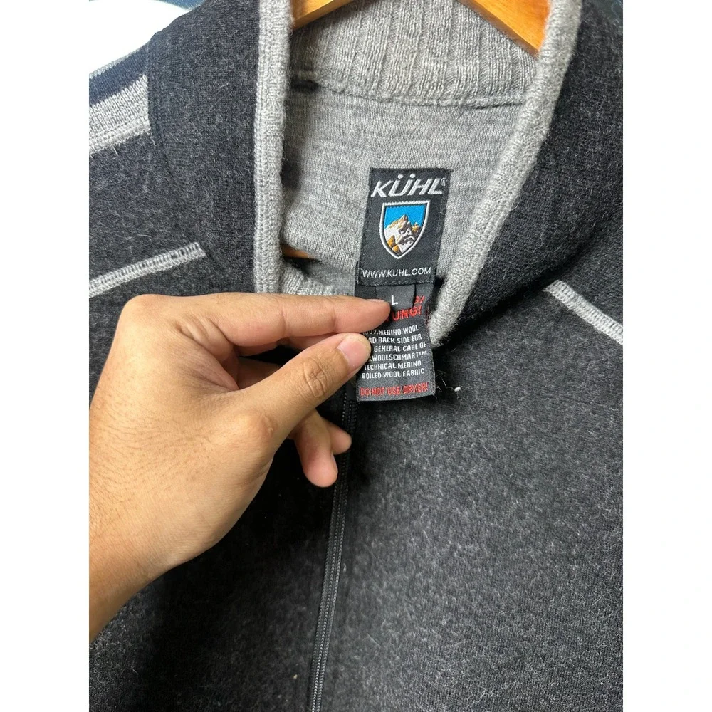 Kuhl Mens Large Full Zip Boiled Merino Wool Sweater Charcoal Grey Mock Neck